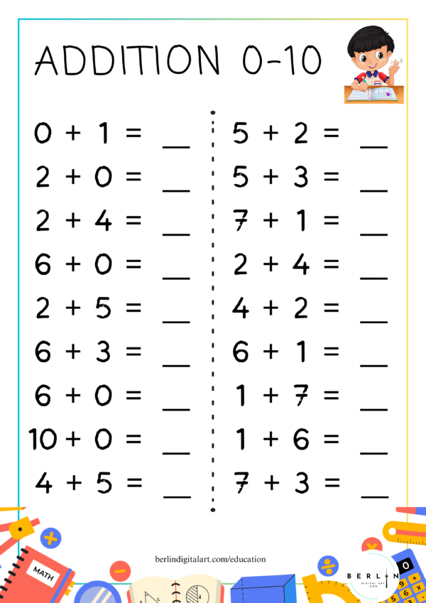 10 Seiten Mathematik Übungsblätter zum Ausdrucken - Addition mit Zahlen von 0-10